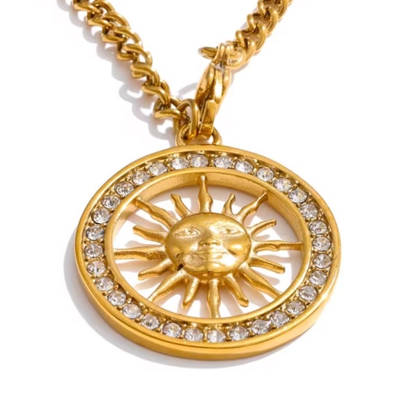 Anthropologie Jewelry - Sun Medallion Pendant Necklace Stainless Steel Gold Plated with Cubic Zirconia